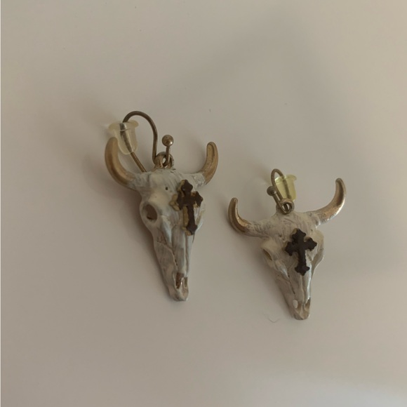 Gold and White Bull Skull Earrings - Picture 6 of 6